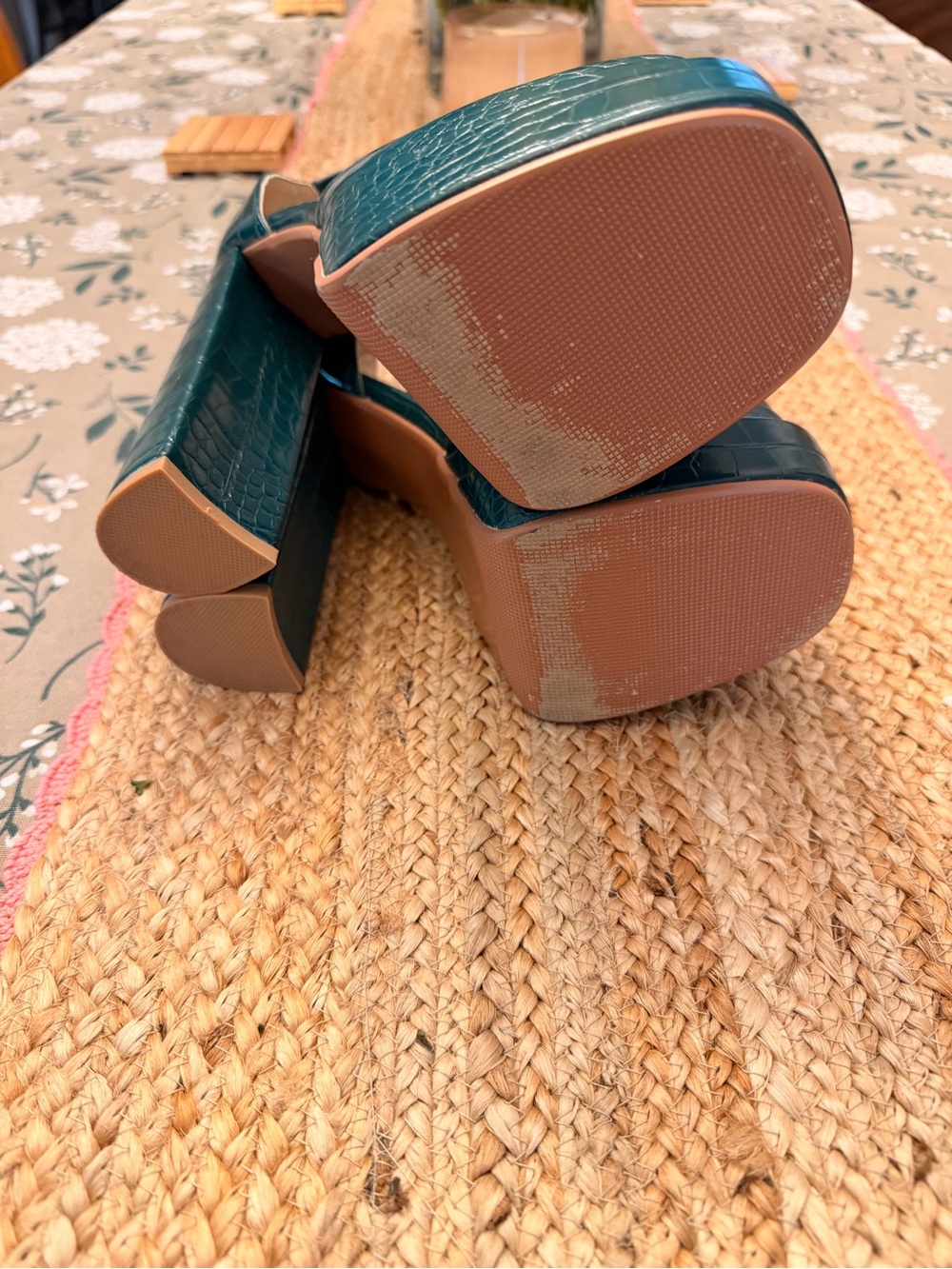 Teal Croc-Embossed Platform Ankle-Strap Pumps - Picture 6 of 7